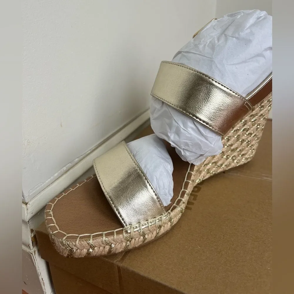 NWT STEVE MADDEN GOLD ESPADRILLE WEDGE SANDALS SUMMER VACATION SHOES‎